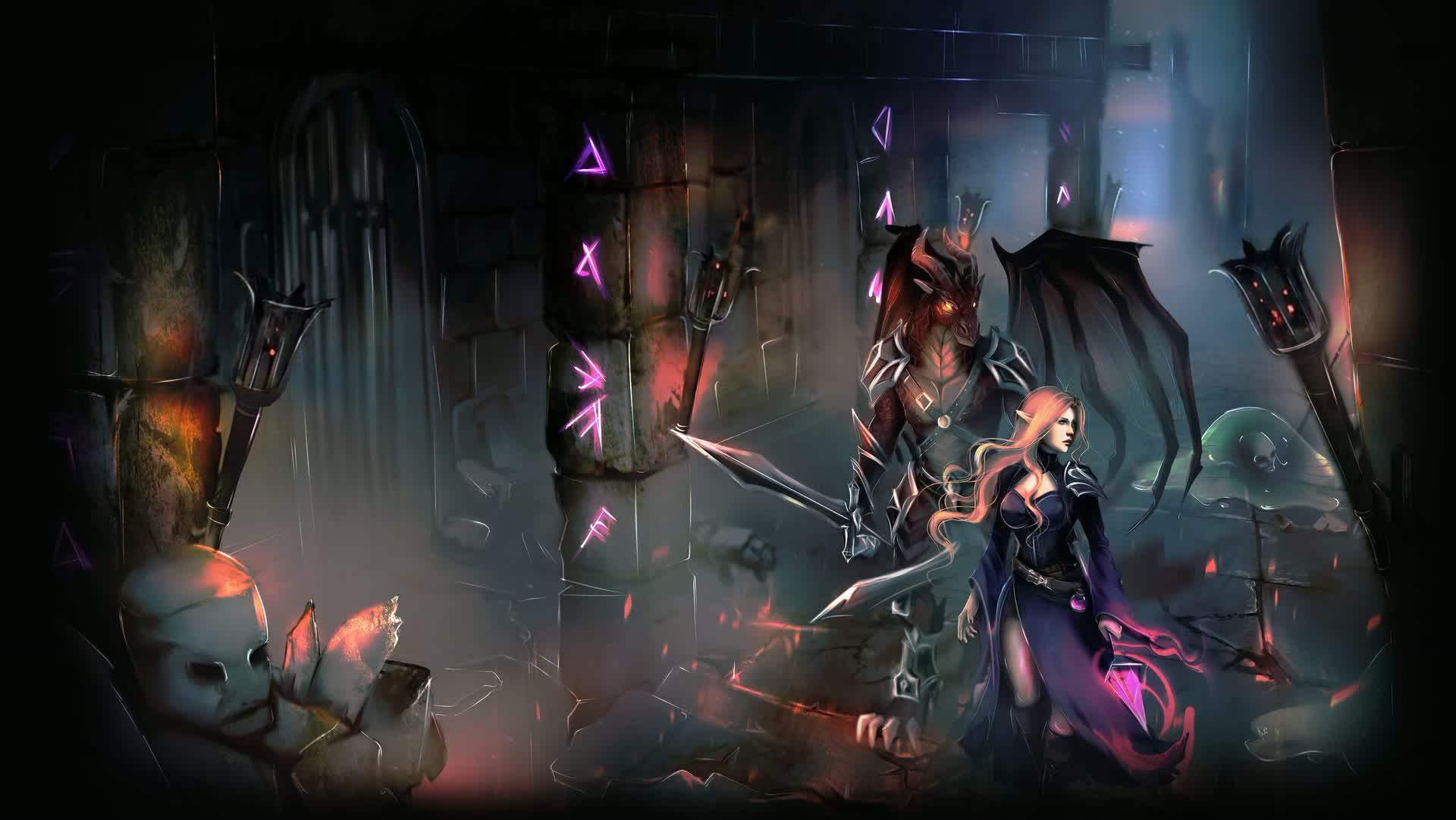 Cena de Erendorn: Mellwary e Godiferro entre tochas acesas e runas violeta numa fortaleza em ruínas